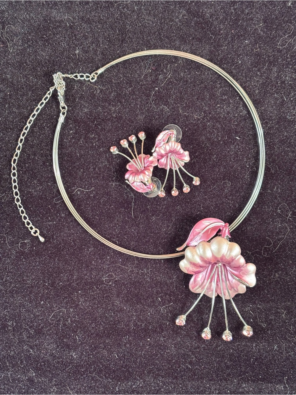 Pink Enamel Floral Statement Necklace & Earrings Set – Rhinestone Flower